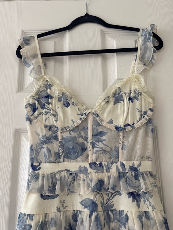 fiorenza midi dress in provencal blue floral v chapman V. Chapman Fiorenza Lace and Ruffle Linen Blend Midi Dress Provencal Blue  Floral